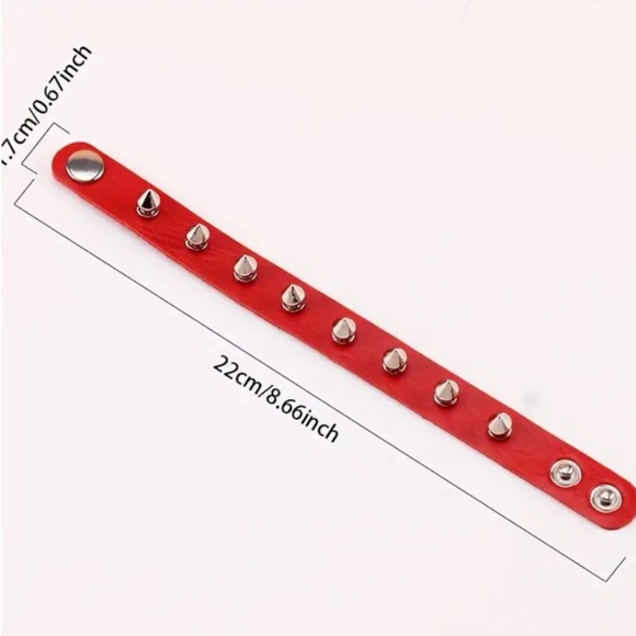 Red Punk Spiked Cuff Bracelet Faux Leather Gothic Studded Unisex - Picture 2 of 3